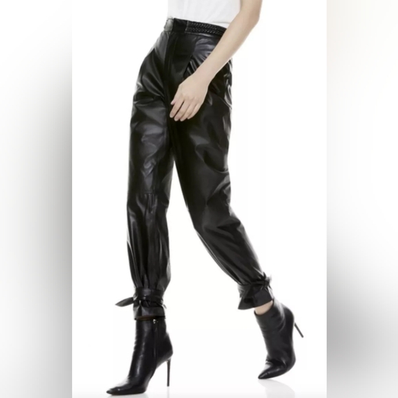 ALICE + OLIVIA 🏷️NWT 'Ivette' Lambskin Leather High Waist Pants Ankle Ties Sz10 - Picture 2 of 16